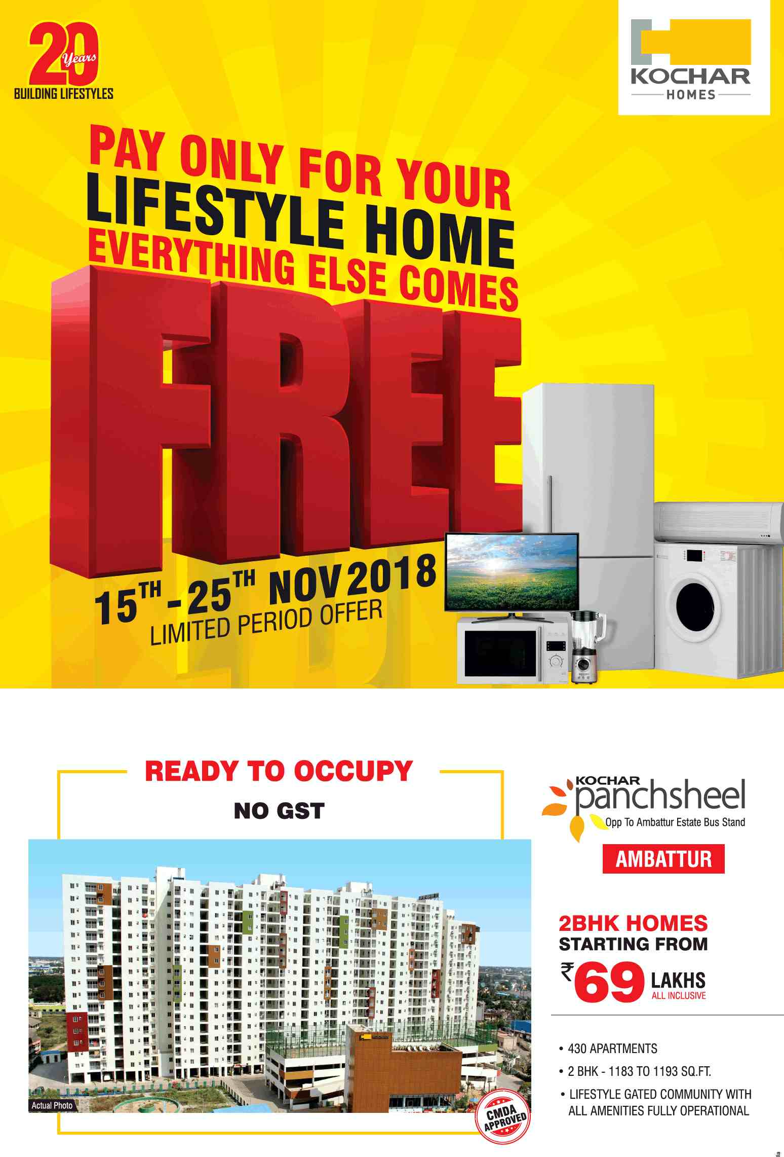 Book ready to occupy 2 BHK homes @ Rs 69 Lakhs at Kochar Panchsheel in Chennai